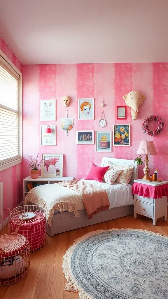 A pink bedroom featuring artistic wall murals and stylish decor.