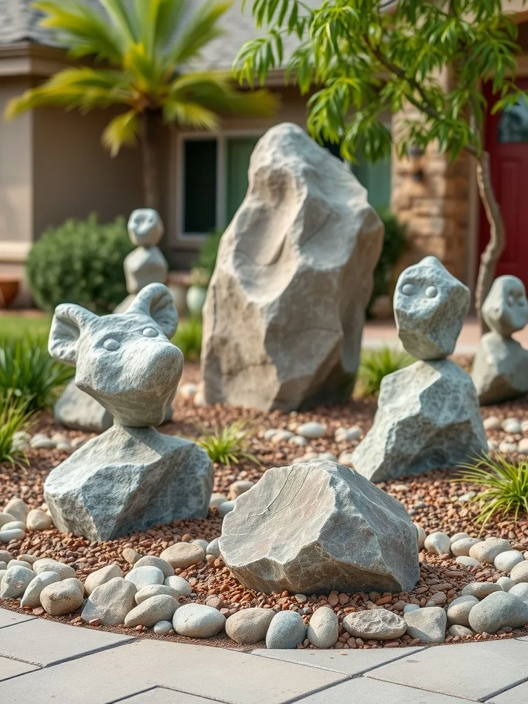 A front yard featuring artistic rock sculptures with playful designs, surrounded by pebbles and greenery.