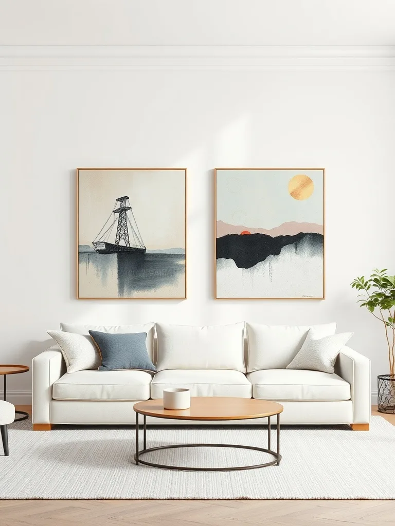 A neutral living room with two pieces of artwork above a white sofa, showcasing a boat and a sunset.