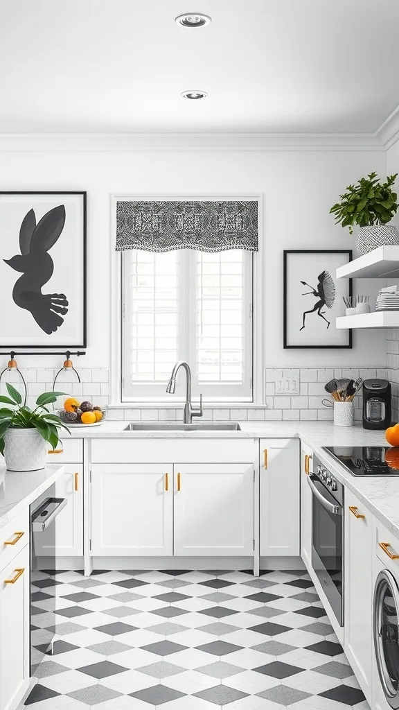 Stylish black and white kitchen with artistic wall art.