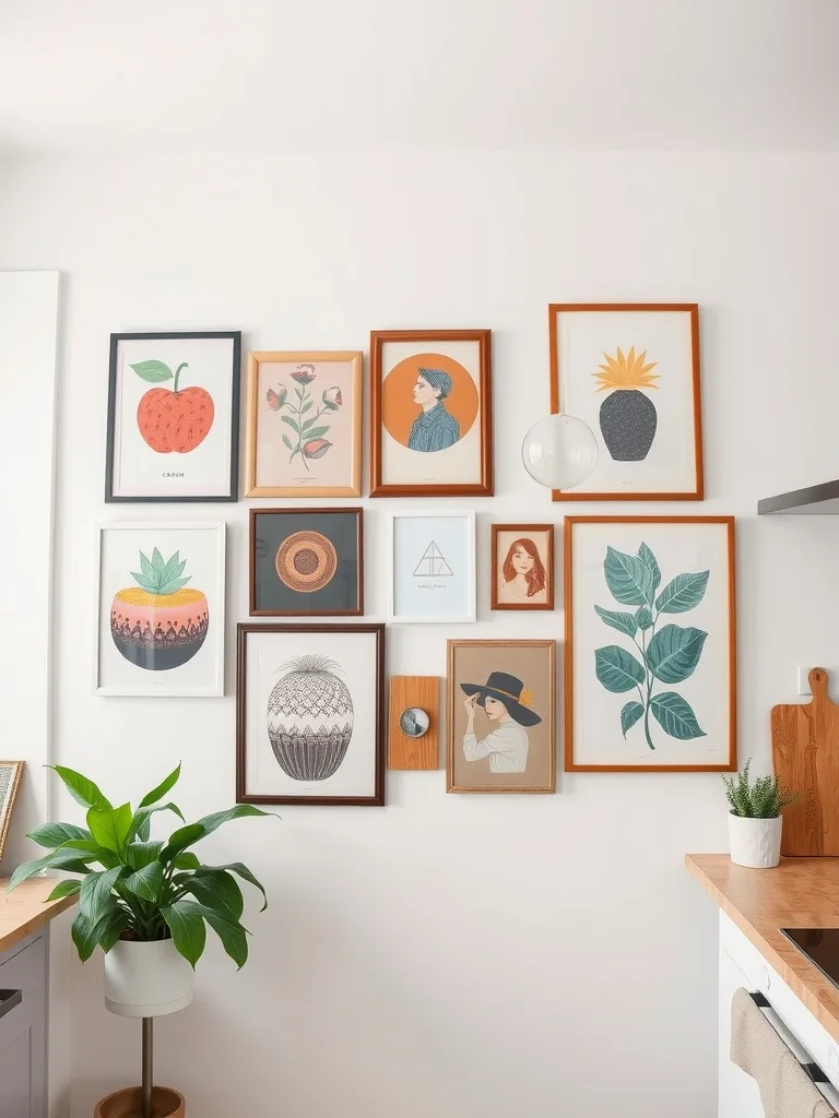 A modern boho kitchen wall featuring a gallery of framed artworks and a potted plant, showcasing vibrant and artistic decor.