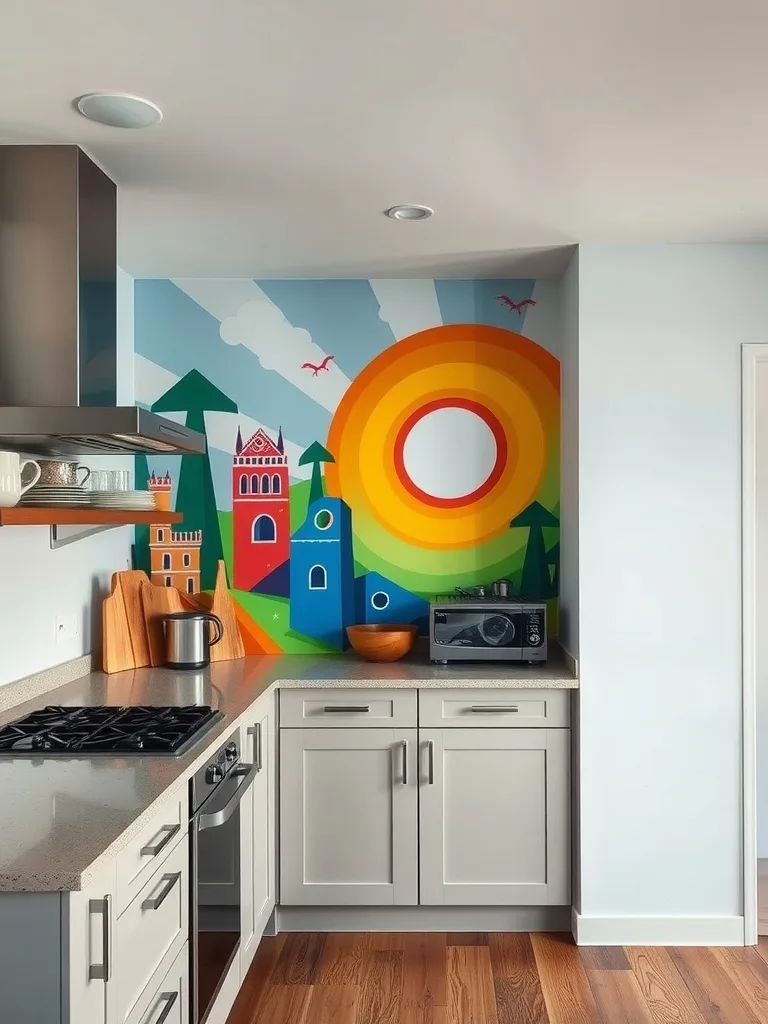 A colorful kitchen wall mural featuring playful structures and a bright sun.