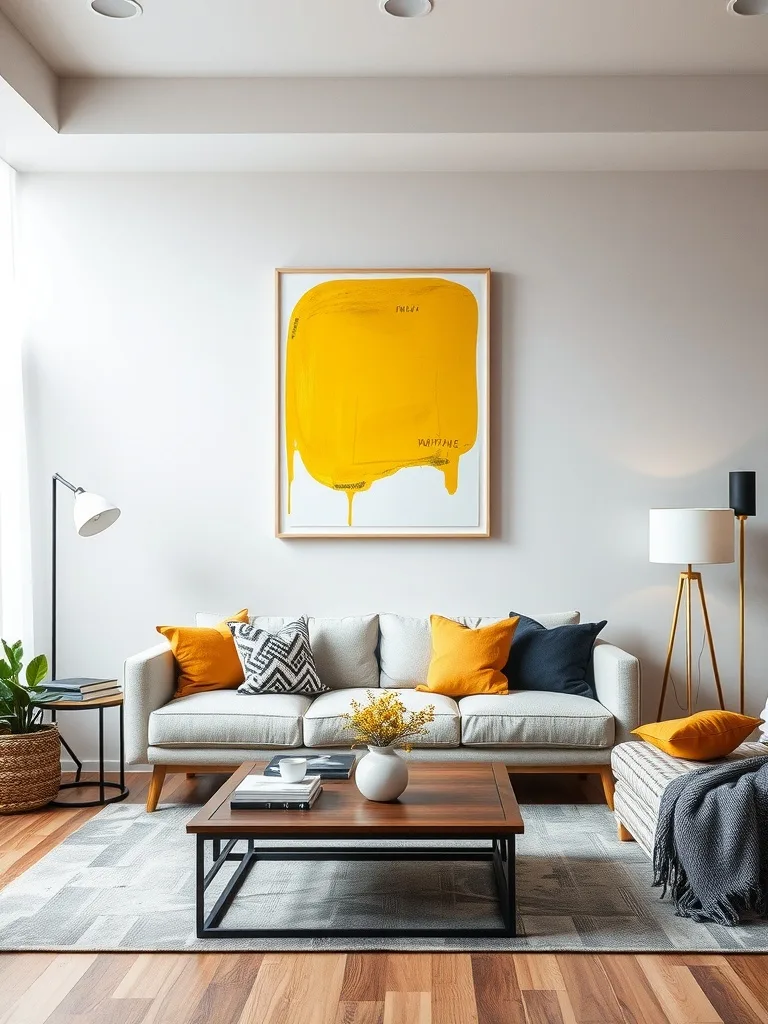 A stylish living room featuring a large yellow abstract painting, a grey couch with colorful cushions, and a wooden coffee table.