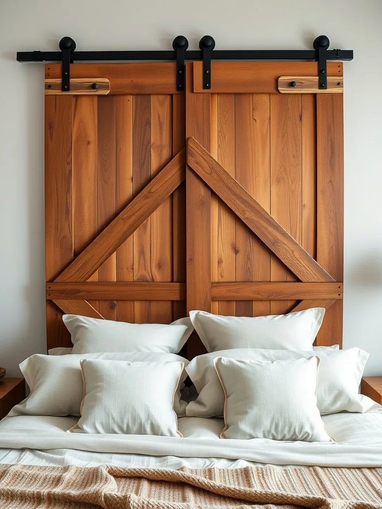 A rustic barn door headboard with wooden texture and a cozy bed setup