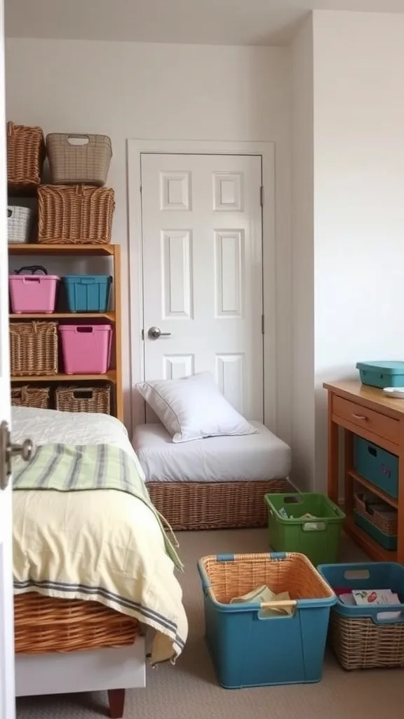 A small bedroom showcasing various baskets and bins for storage.