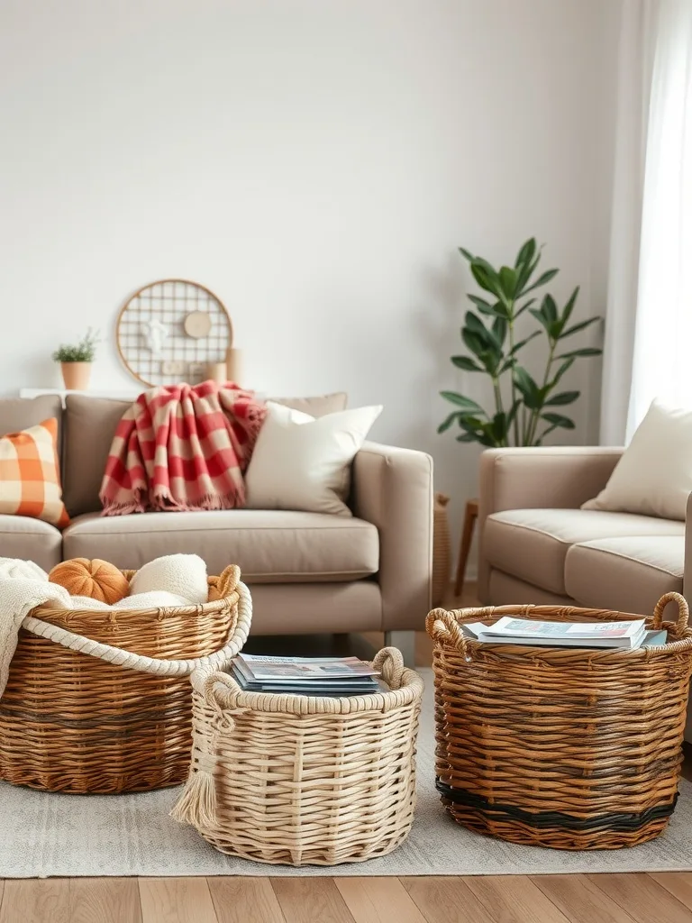 Cozy living room featuring various stylish woven baskets used for organization.