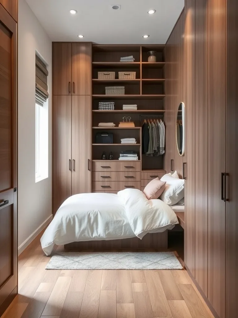 A narrow bedroom featuring wooden cabinetry with shelves and storage, a neatly made bed, and a minimalist design.