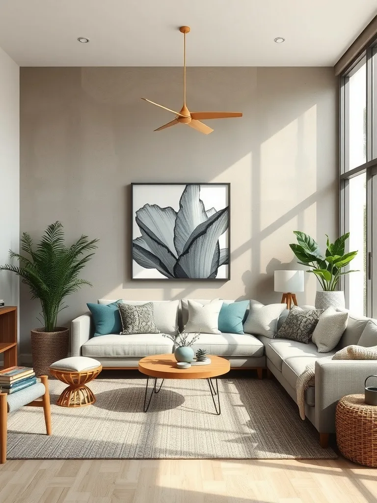 Bright and inviting living room with plants and natural elements.