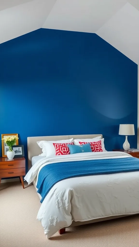 A modern bedroom with a blue and gray accent wall, featuring a cozy bed and stylish decor.