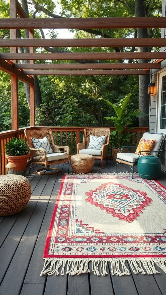 A cozy outdoor patio featuring a colorful bohemian rug layered on wooden flooring, surrounded by potted plants and comfortable seating.