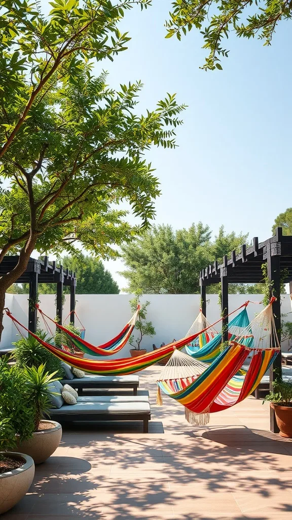 Colorful boho-style hammocks set up in a sunny outdoor patio surrounded by greenery.