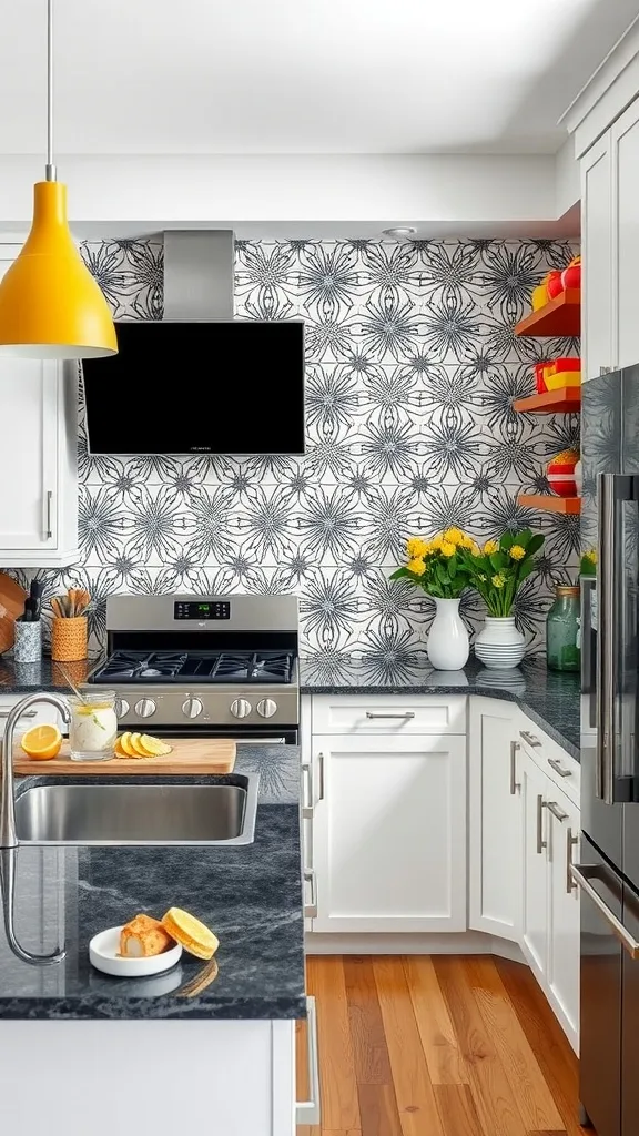 A stylish black and white kitchen featuring a bold patterned backsplash.