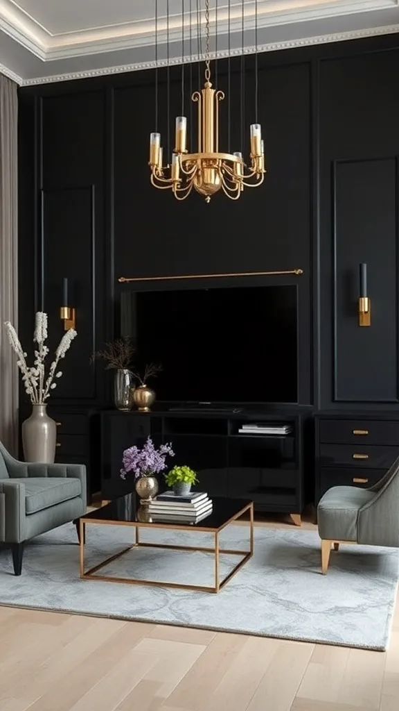 Stylish living room featuring a black accent wall with gold decor elements.