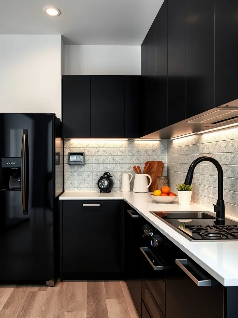 A modern kitchen featuring bold black appliances, including a refrigerator, stove, and cabinets.