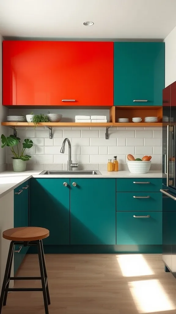 A kitchen with bold color block cabinets in red and teal.