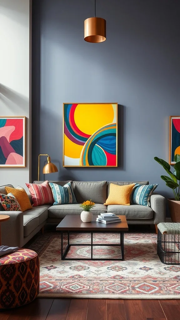 An eclectic living room featuring bold color combinations with a grey sofa, colorful pillows, and vibrant wall art.