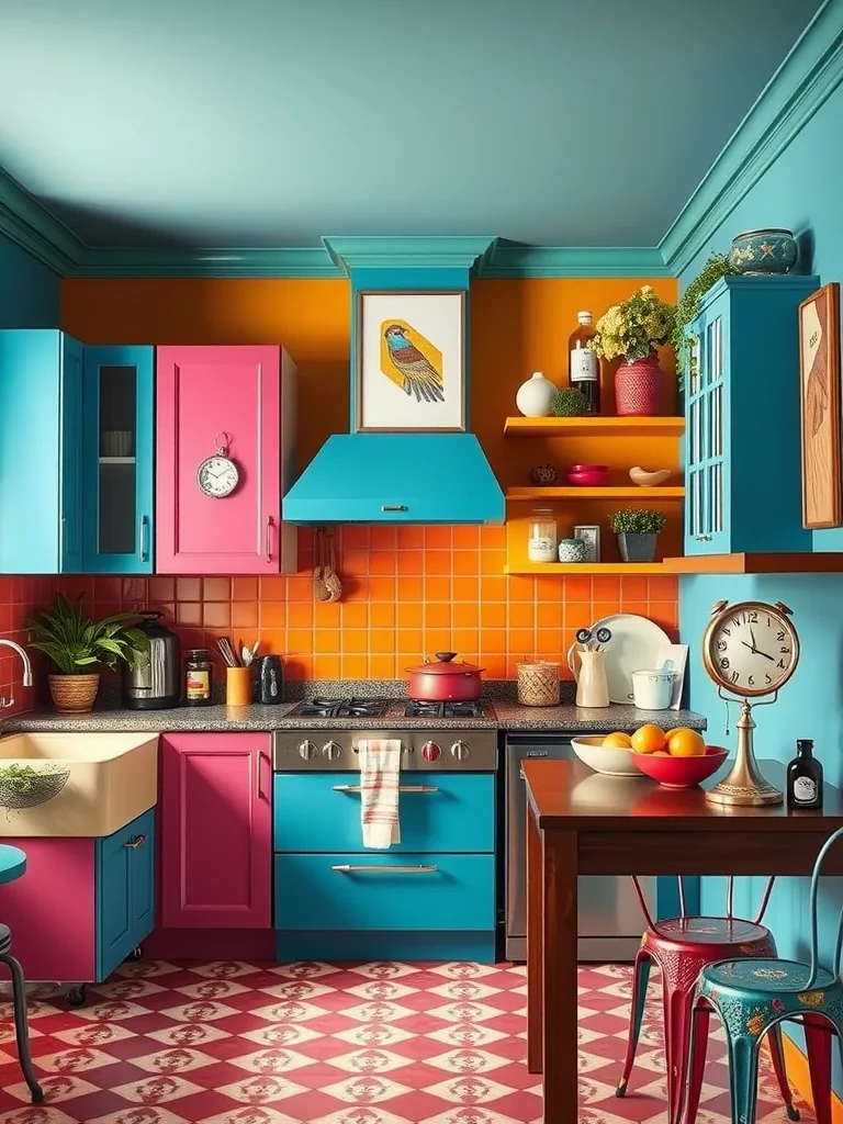 A colorful kitchen featuring blue and pink cabinets with an orange backsplash, decorated with various plants and kitchenware.