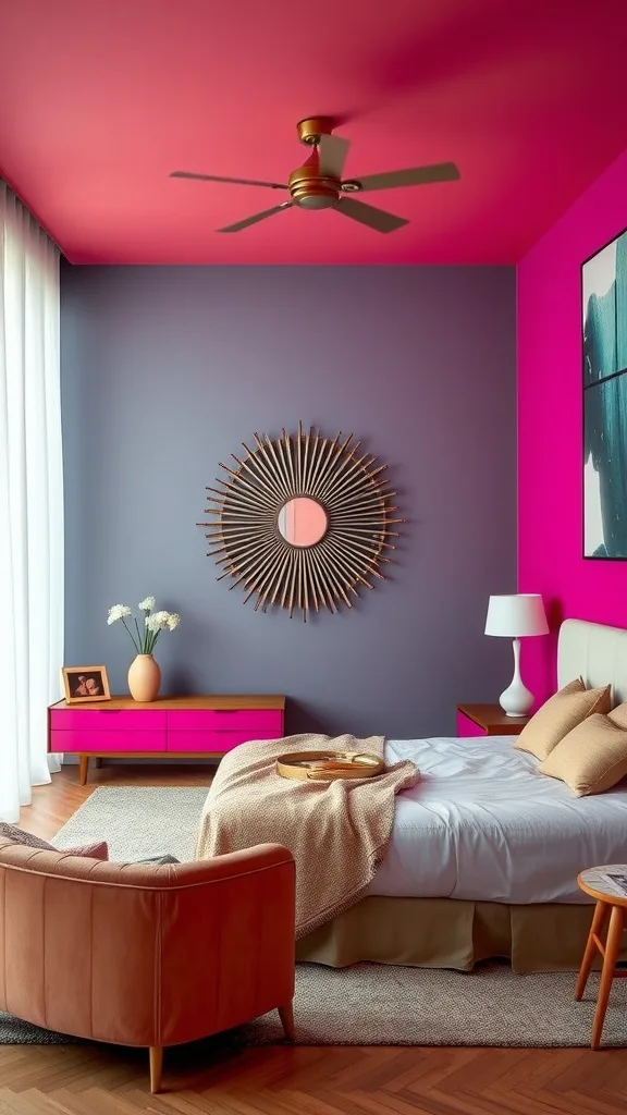 A stylish bedroom featuring bold fuchsia walls and accents, complemented by modern furniture and decor.