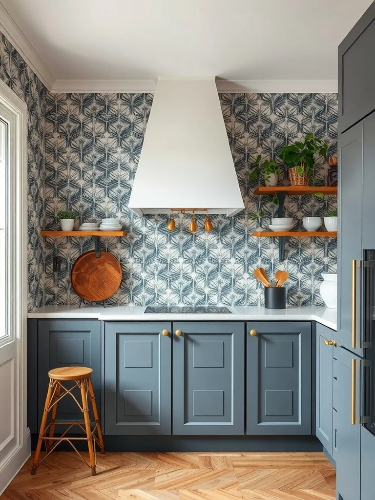 A modern kitchen featuring bold patterned wallpaper, blue cabinets, and wooden shelves with plants.