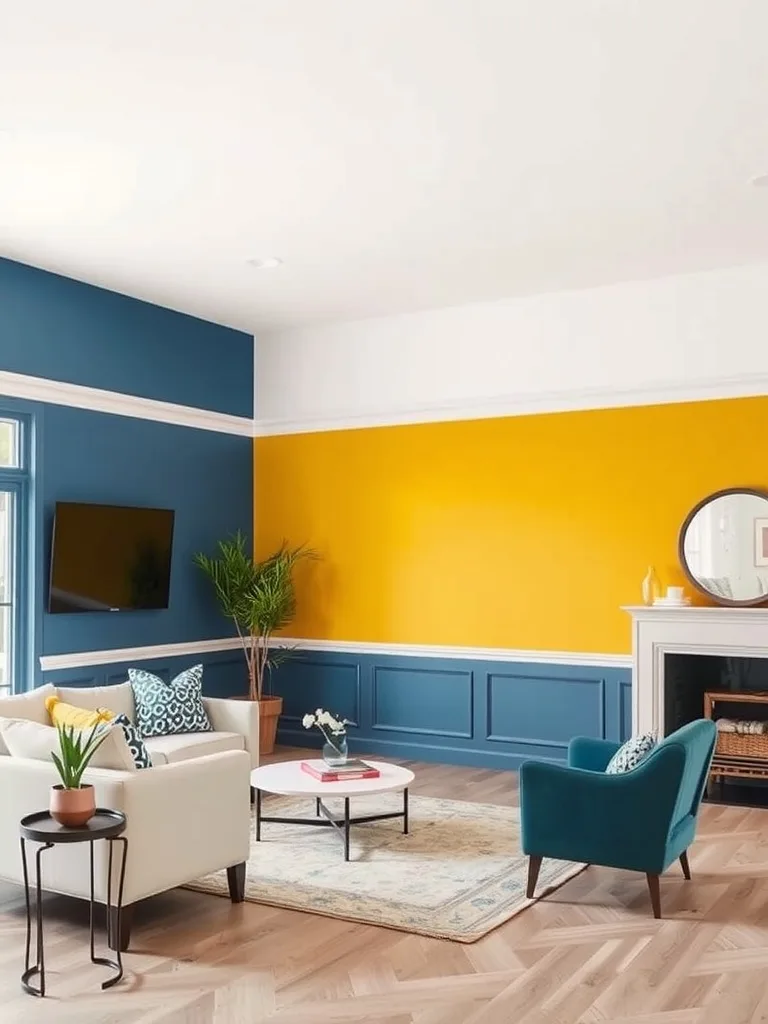 Living room with bold two-tone paint scheme featuring blue and yellow walls.