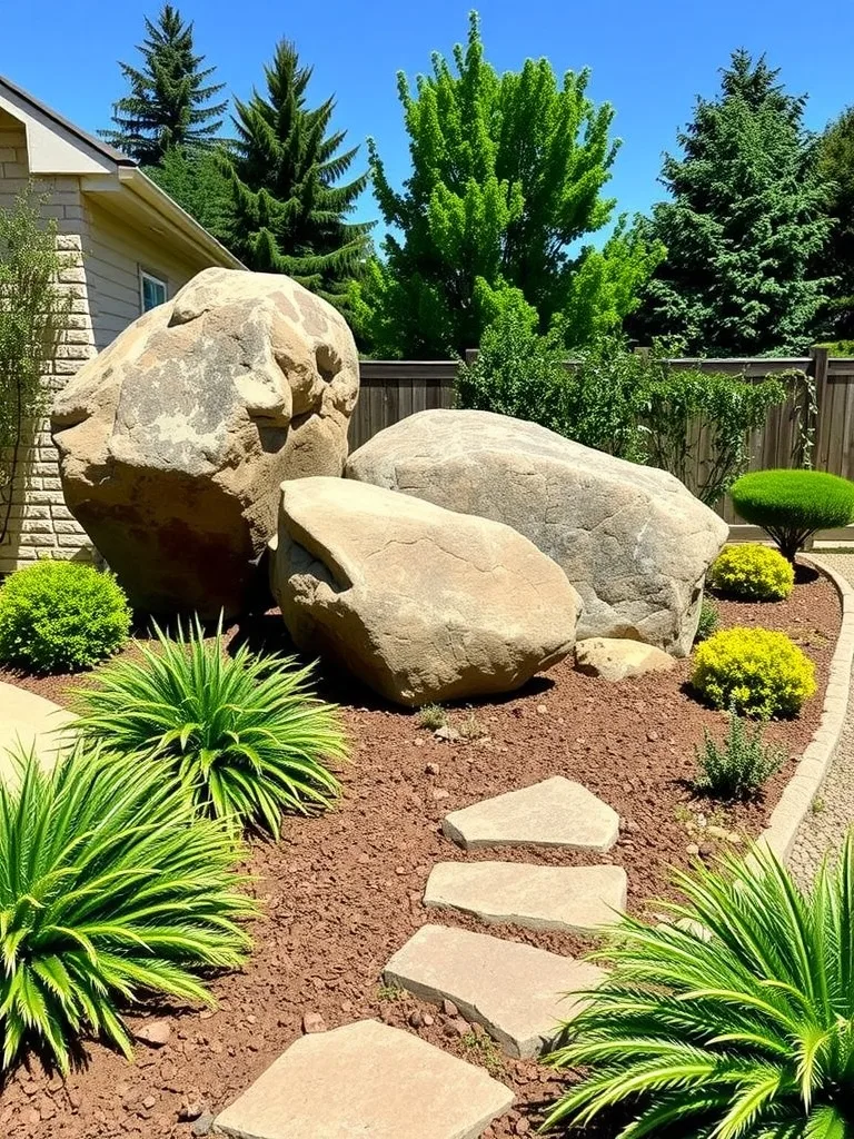 Landscape featuring large boulders and vibrant green plants in a front yard.