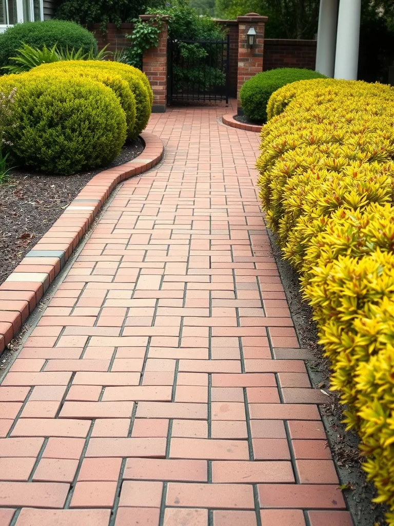 A well-maintained brick paver pathway surrounded by lush green bushes and yellow foliage.