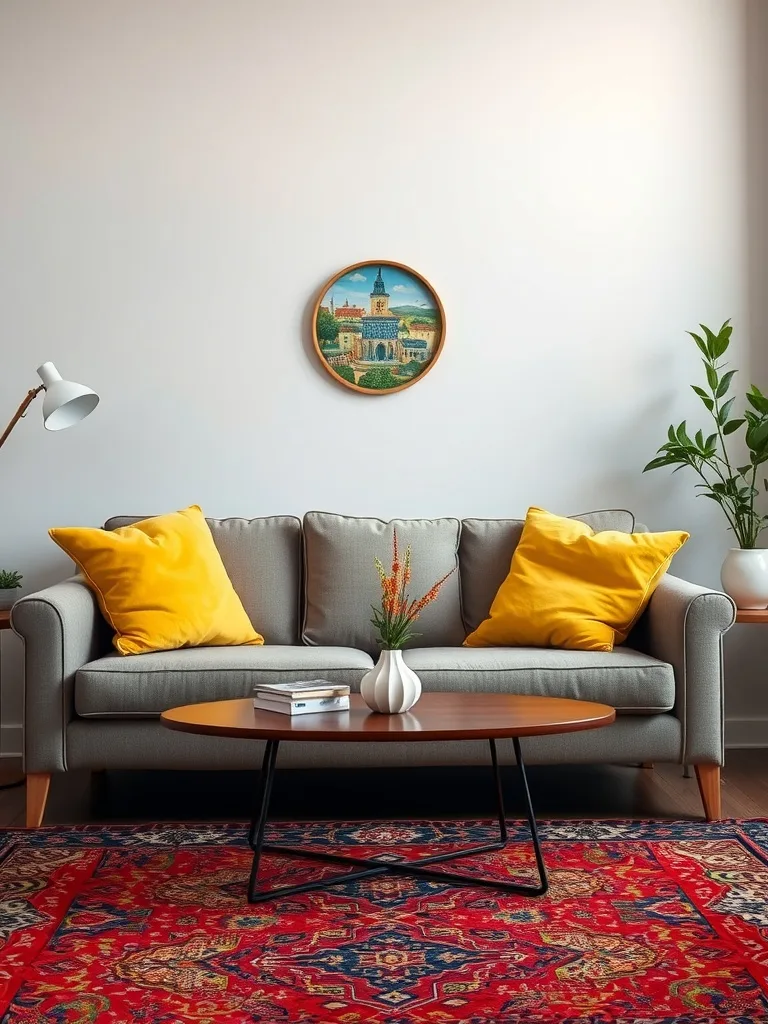 A cozy living room with yellow accent pillows on a grey sofa, a wooden coffee table, and a red patterned rug.