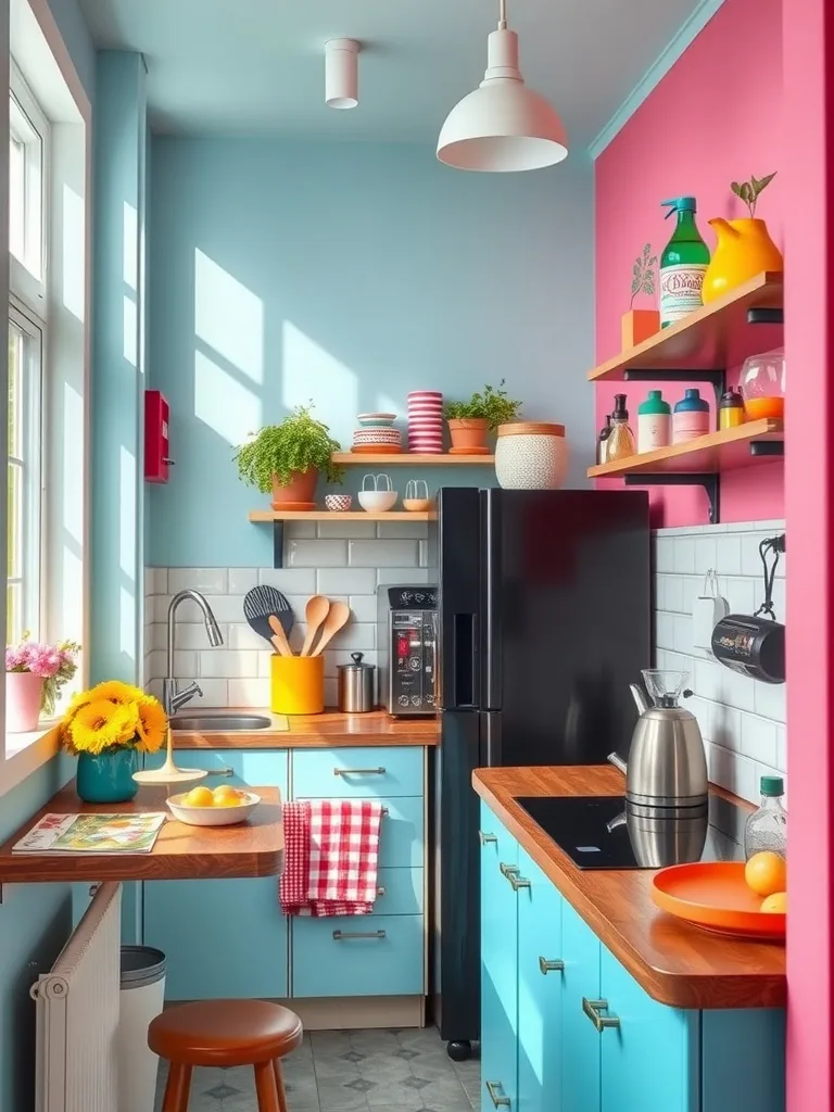 A small galley kitchen featuring a bright color scheme with blue walls, pink accents, and colorful accessories.