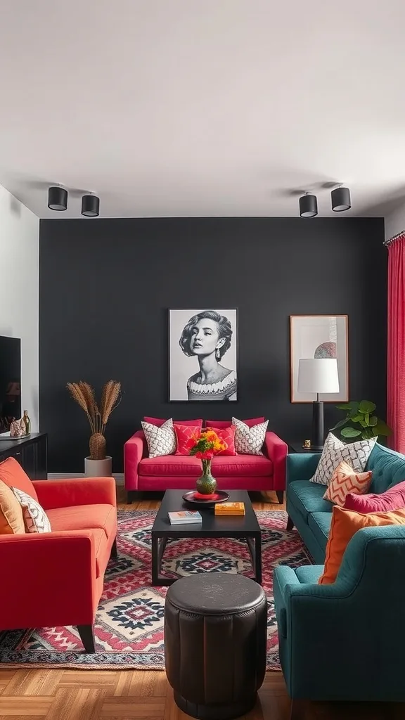 Living room featuring a black accent wall with colorful furniture.