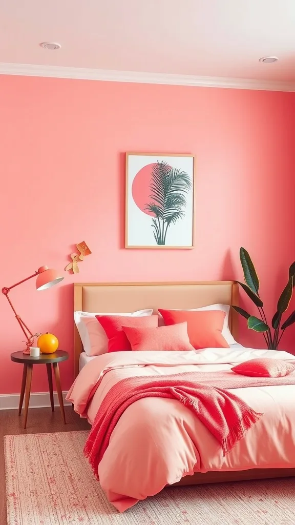 A bright coral bedroom featuring a cozy bed with pillows, a stylish lamp, and a plant, set against a coral wall.