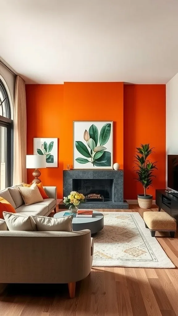 Bright orange accent wall in a stylish living room with neutral furniture and decorative plants.