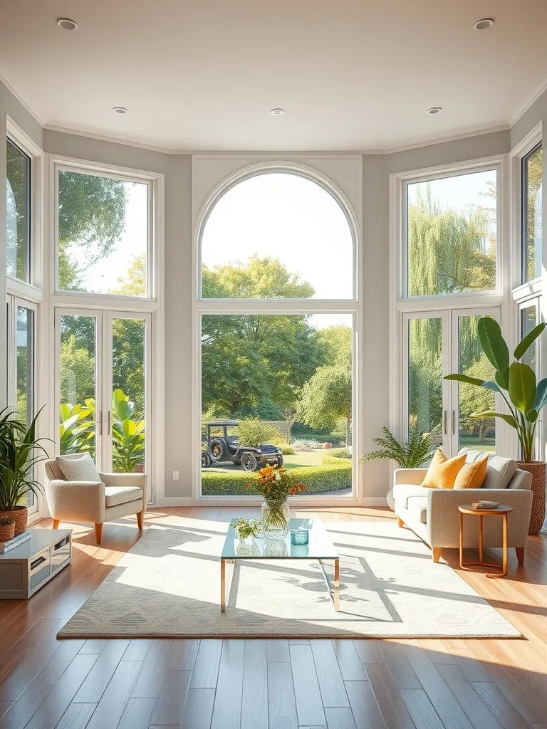 Living room with large windows and a view of greenery outside