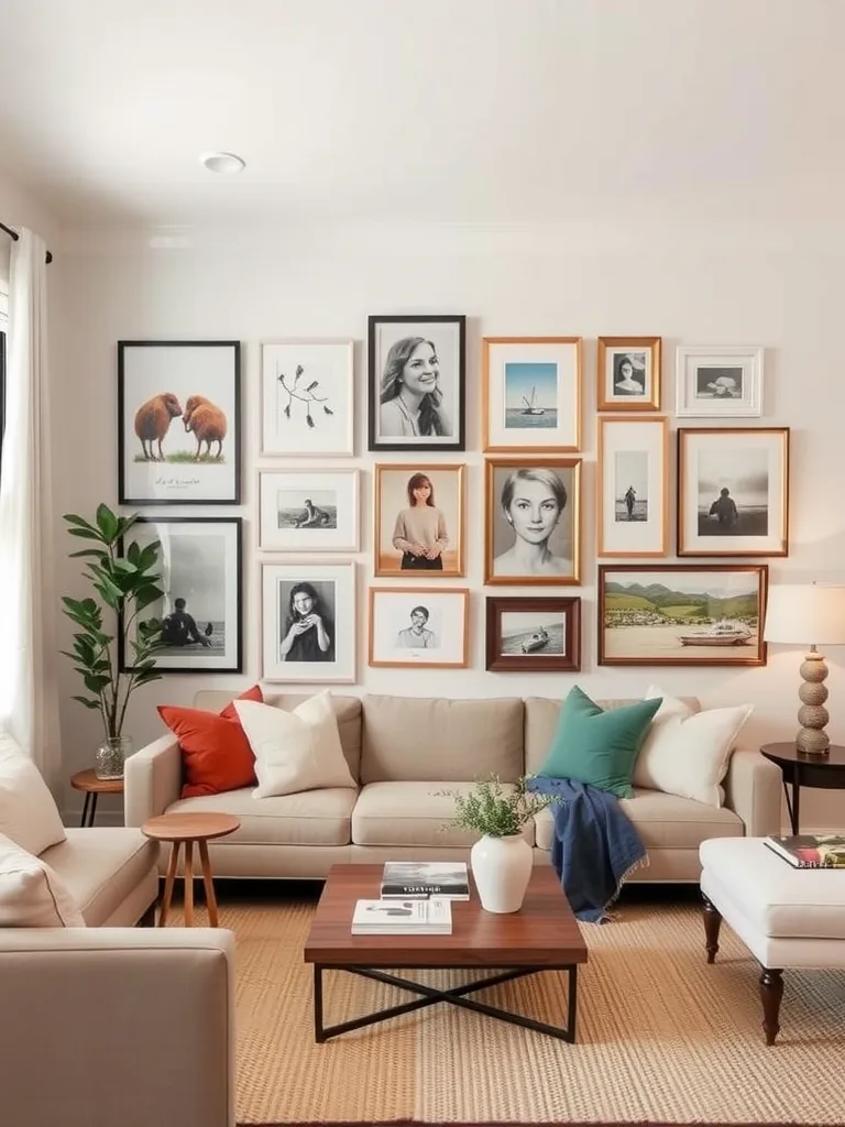 A neutral living room featuring a gallery wall with various framed pictures.