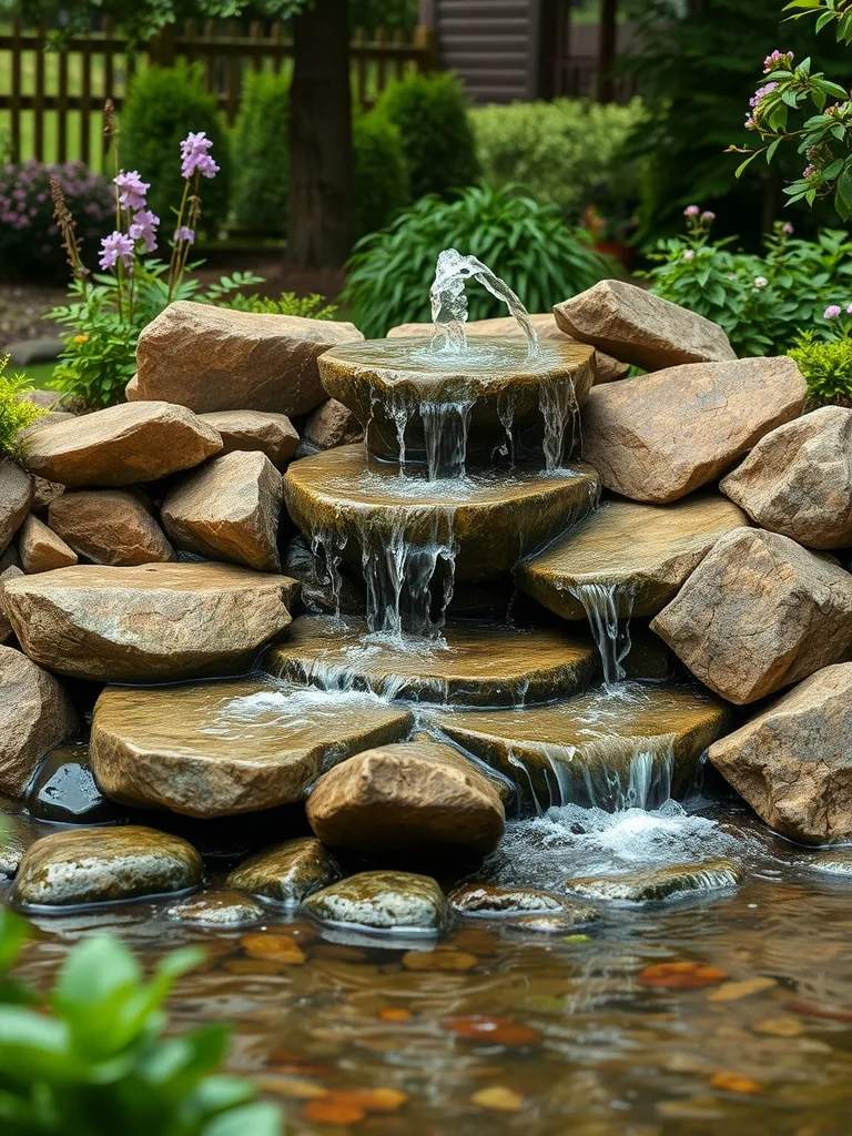 A beautiful river rock fountain flowing with water amidst lush greenery and flowers.