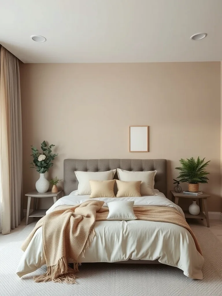 A serene bedroom featuring calming light taupe walls, a soft bed with neutral bedding, and green plants.