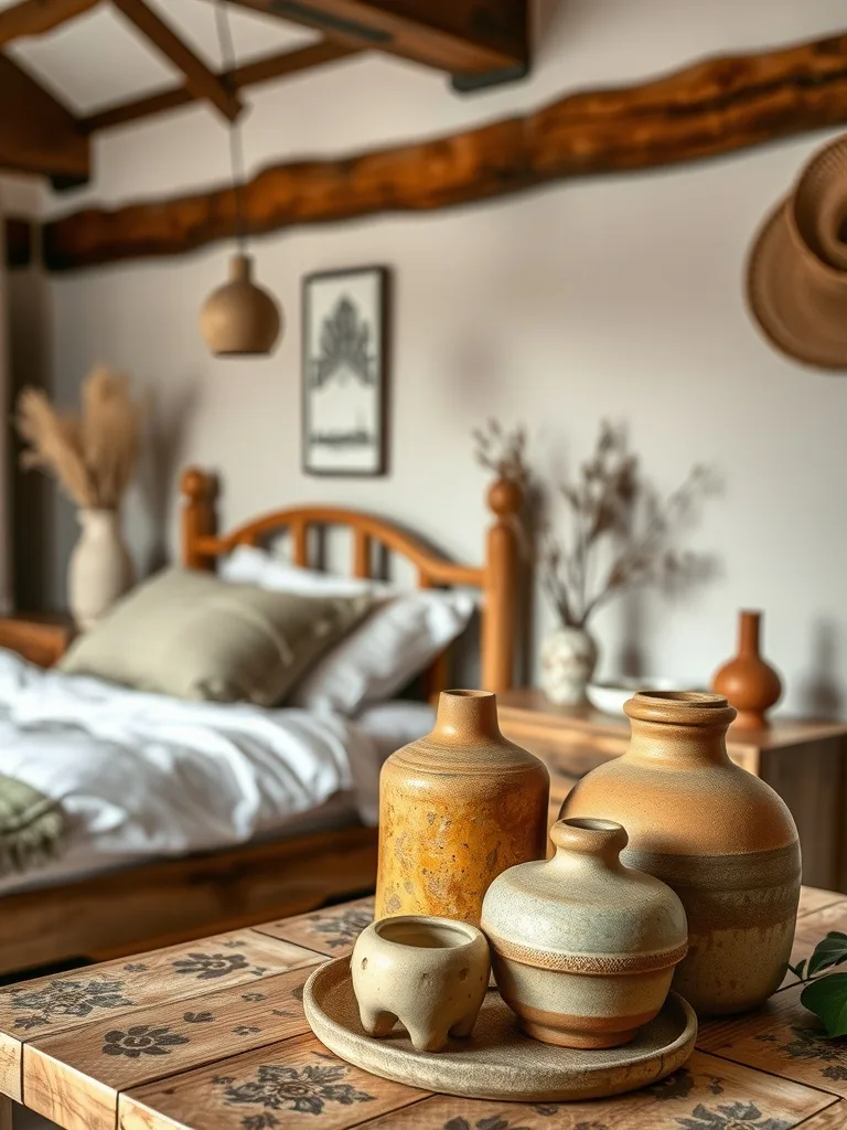 A collection of ceramic and clay vases in a rustic bedroom setting.