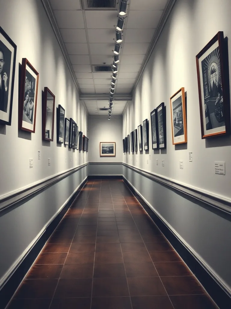 A hallway with framed artwork displayed on the walls, highlighting the use of chair rail as a gallery border.