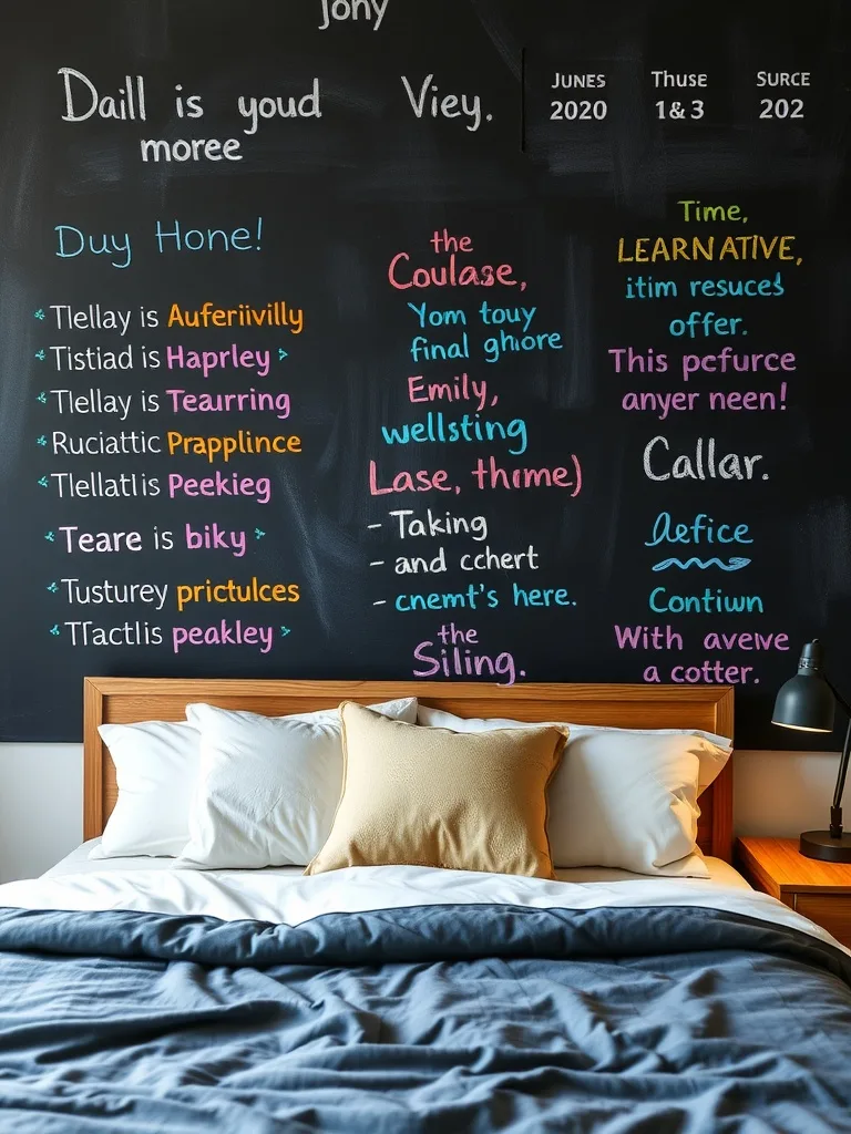 Chalkboard above a bed with colorful daily affirmations written on it.