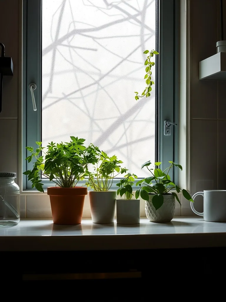 A bright kitchen window with various potted herbs on the countertop, showcasing greenery and natural light.