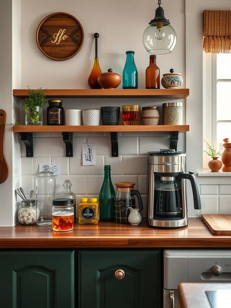 A modern boho kitchen beverage station with colorful storage jars, a coffee maker, and decorative elements.