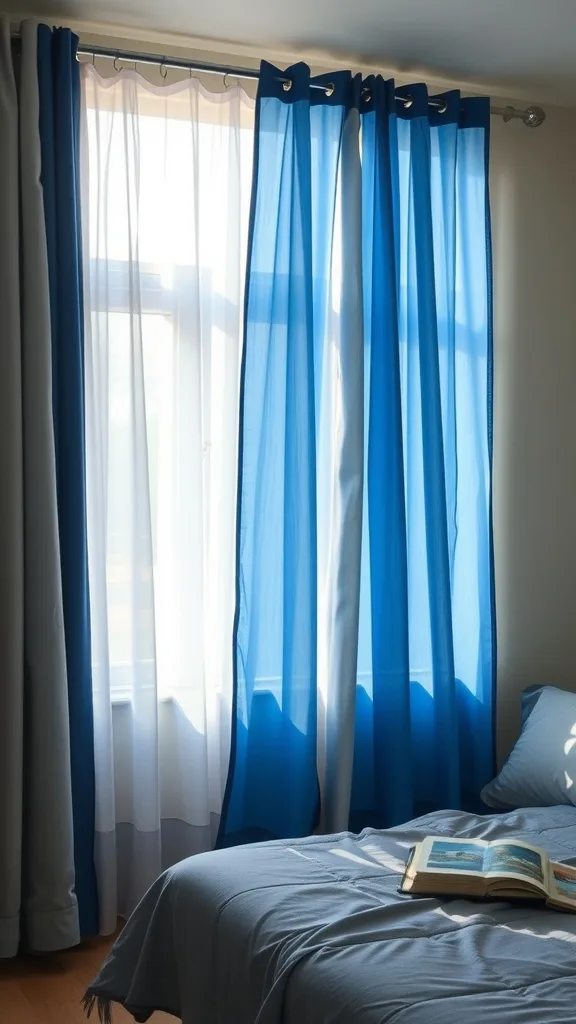 Chic blue and gray curtains in a bedroom