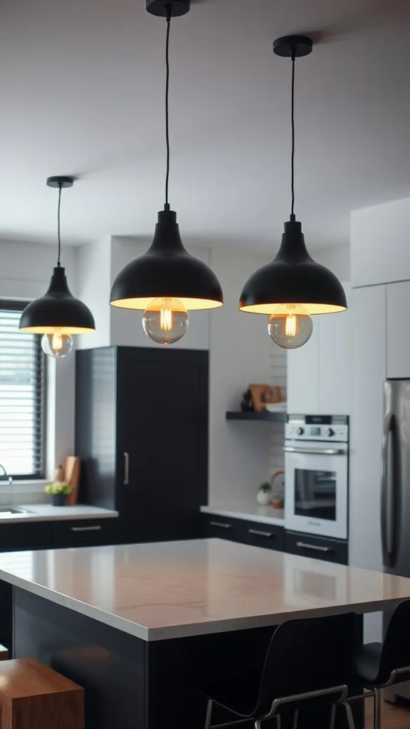 Three stylish black pendant lights hanging over a kitchen island in a modern black and white kitchen.