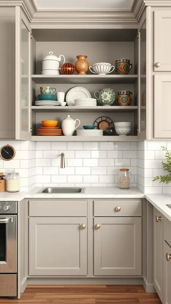 Chic open shelving in a kitchen displaying colorful dishes and decor.