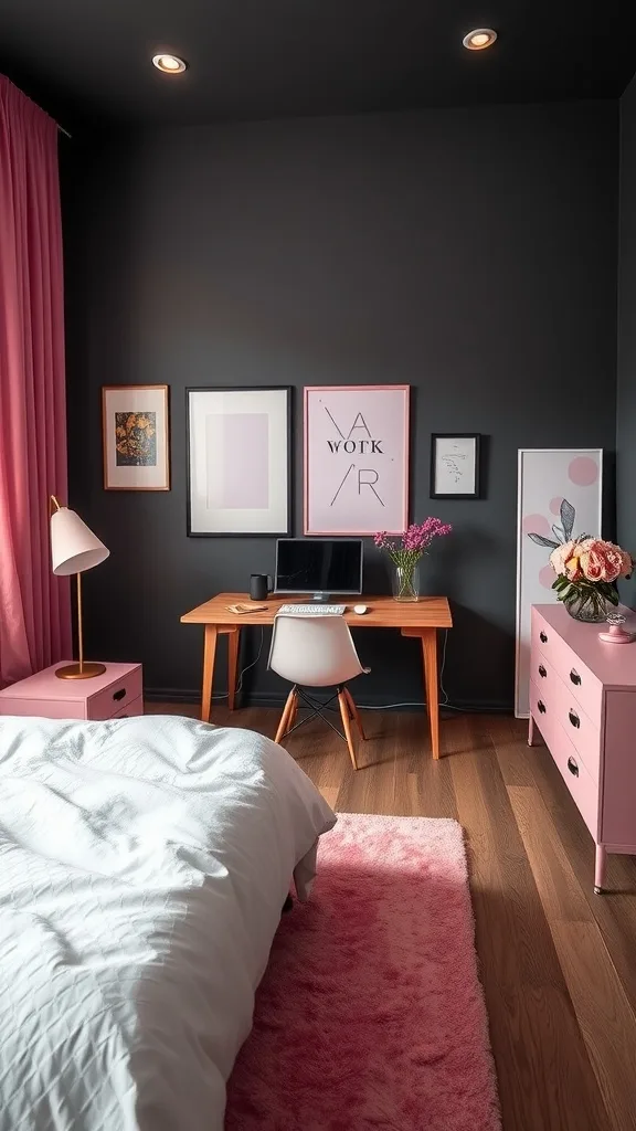 A chic pink office space featuring a wooden desk, a white chair, and pink decor elements against dark walls.