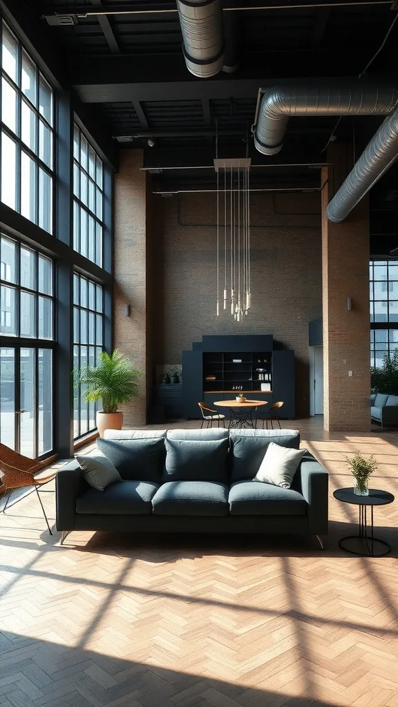 A dark gray sofa in a spacious urban loft with large windows and wooden flooring.