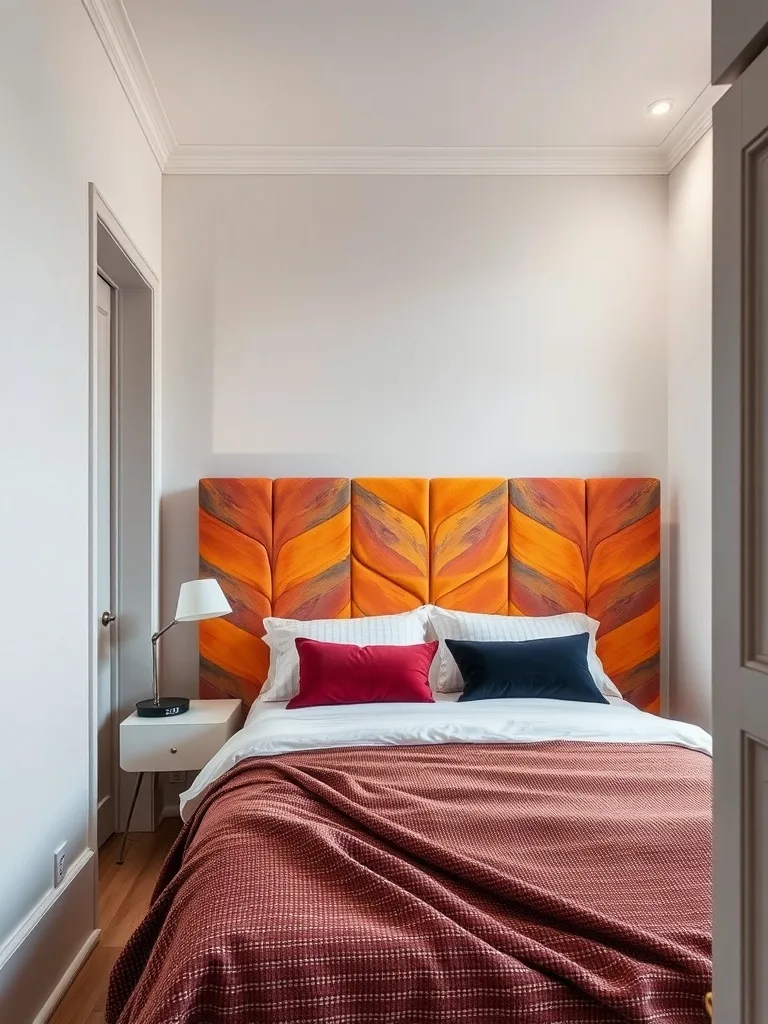 A cozy bedroom featuring a colorful leaf patterned headboard, white bedding, and contrasting pillows.