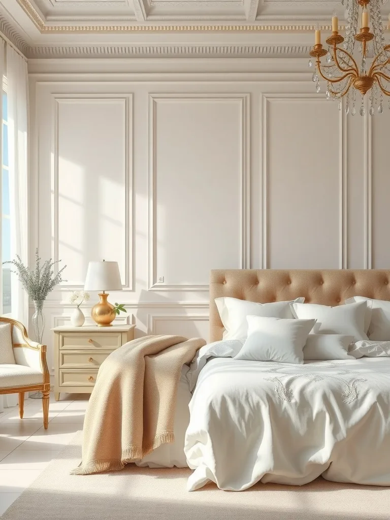 A tranquil bedroom featuring classic ivory walls, soft bedding, and elegant decor.