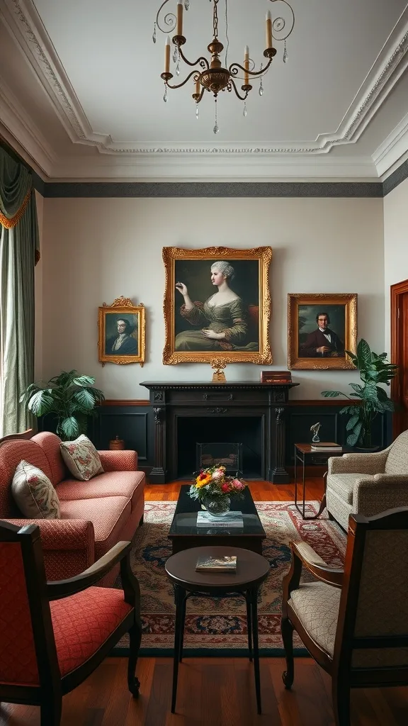 A colonial living room featuring classical artwork on the walls, elegant furniture, and decorative plants.