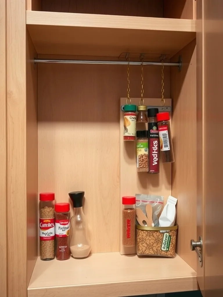 A well-organized kitchen cabinet showing spices hanging on a rod and neatly stored items on the shelf.