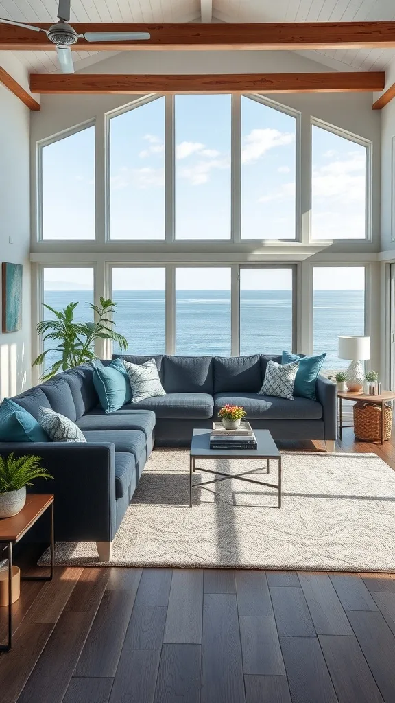 A cozy coastal living room featuring a dark gray sofa with blue pillows, large windows, and ocean views.